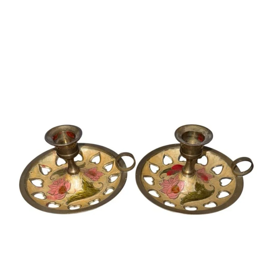 Vintage Brass Chamber Stick | Cloisonné Candle Holder | Enameled Flower Motif